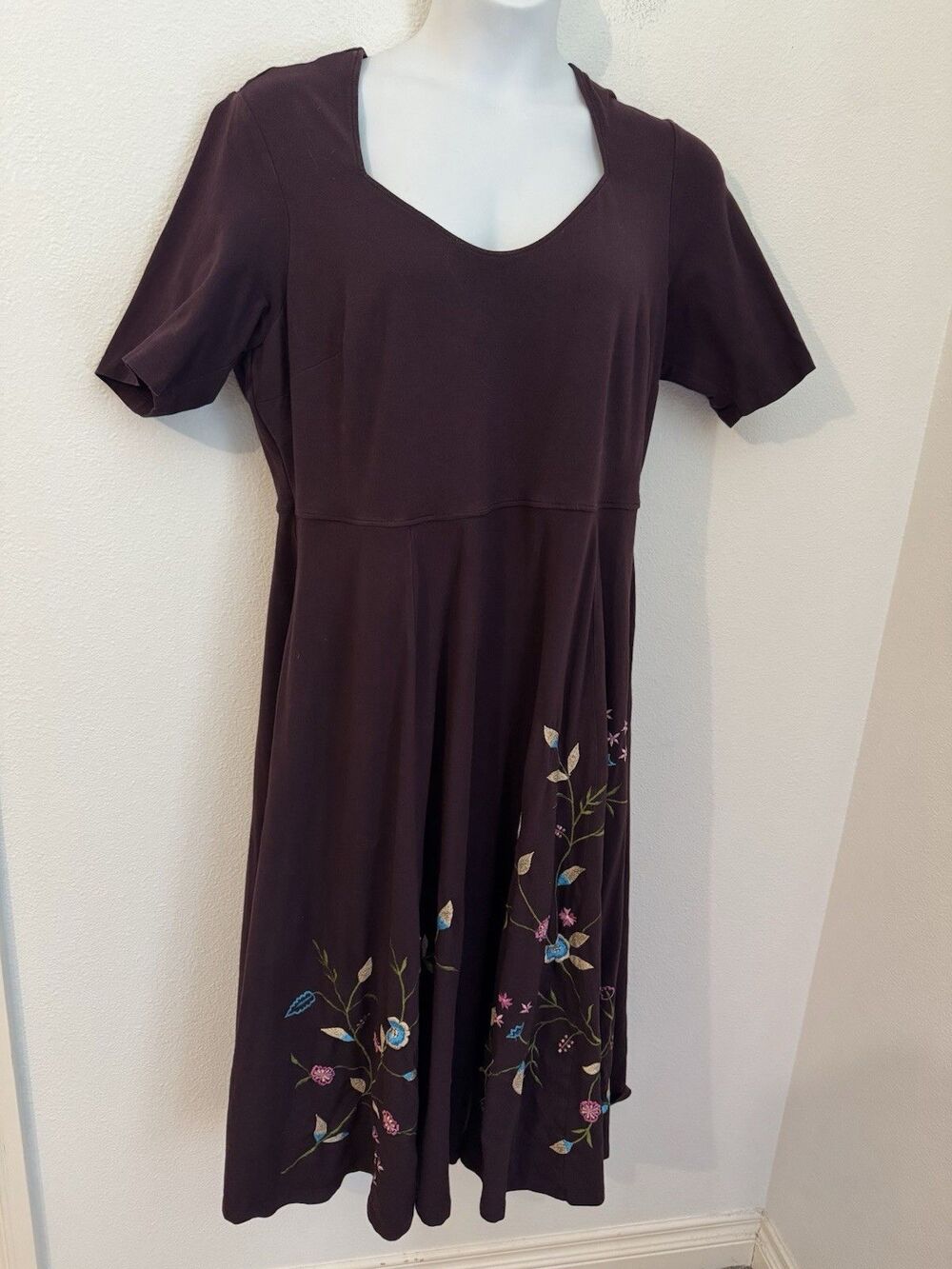 eShakti Dress 16W Plum Purple Embroidered Floral Knit Fit & Flare MIDI Skater